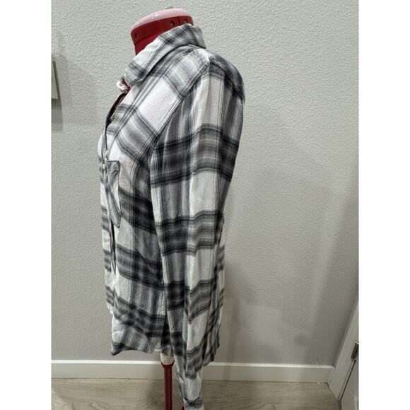 Plaid Flannel Shirt Button Down Long Sleeve Gray White Casual - Picture 3 of 6